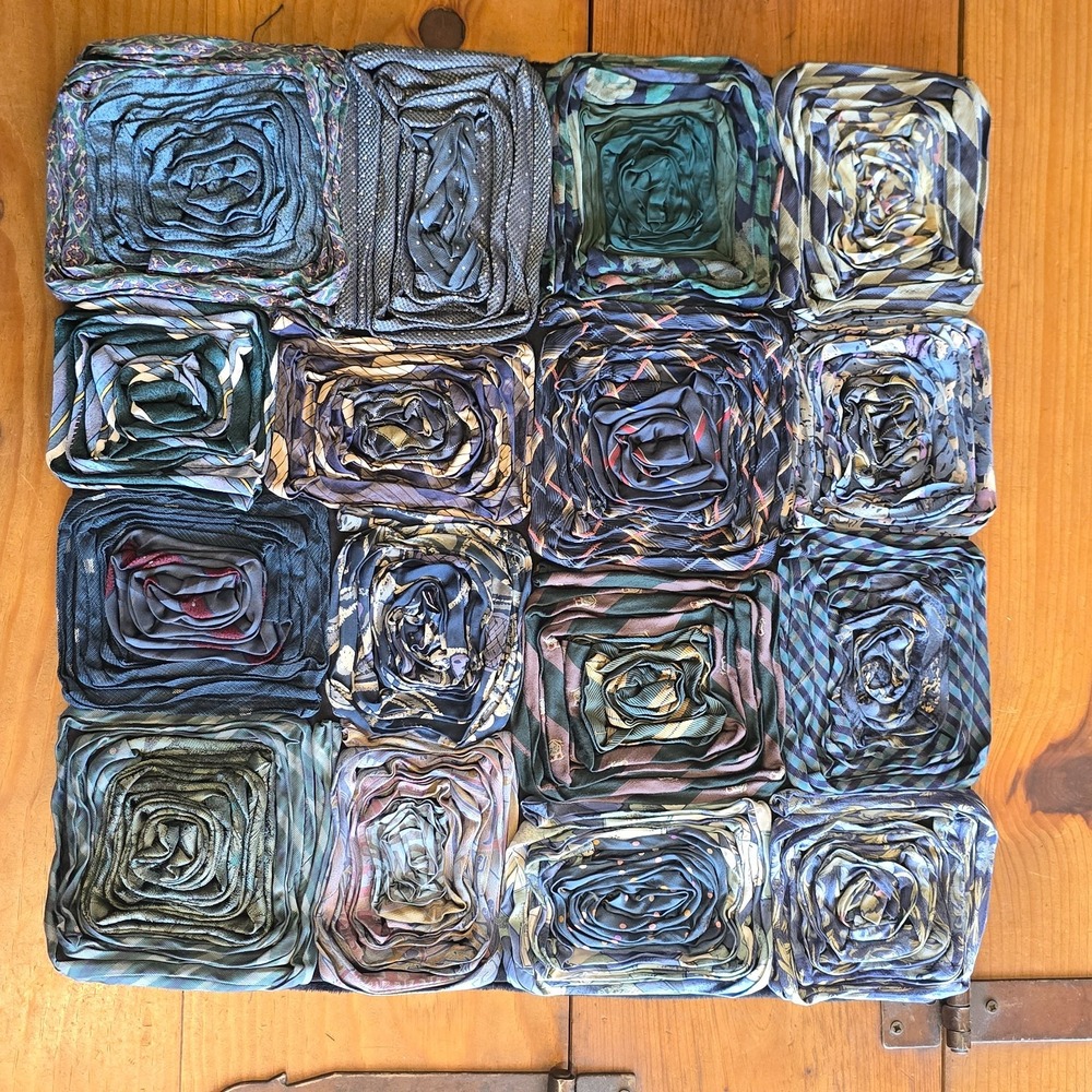 Vintage Dreamweavers Handmade Silk Tie Pillow Cover with Hand-Rolled Roses